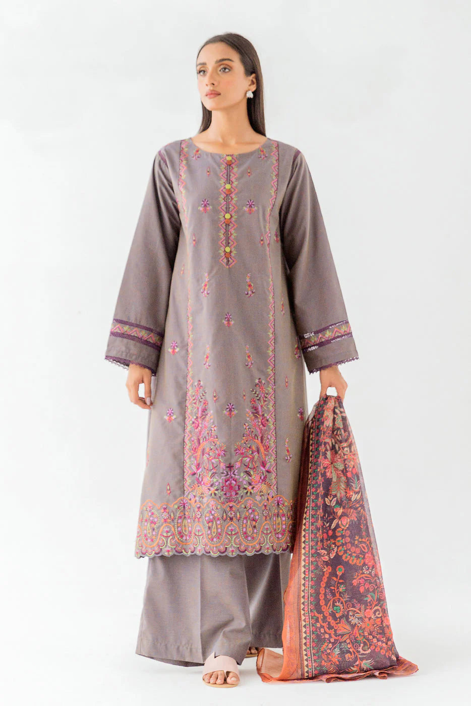 3 PIECE - EMBROIDERED TWO TONE SUIT - DUSTY FIELD (UNSTITCHED)