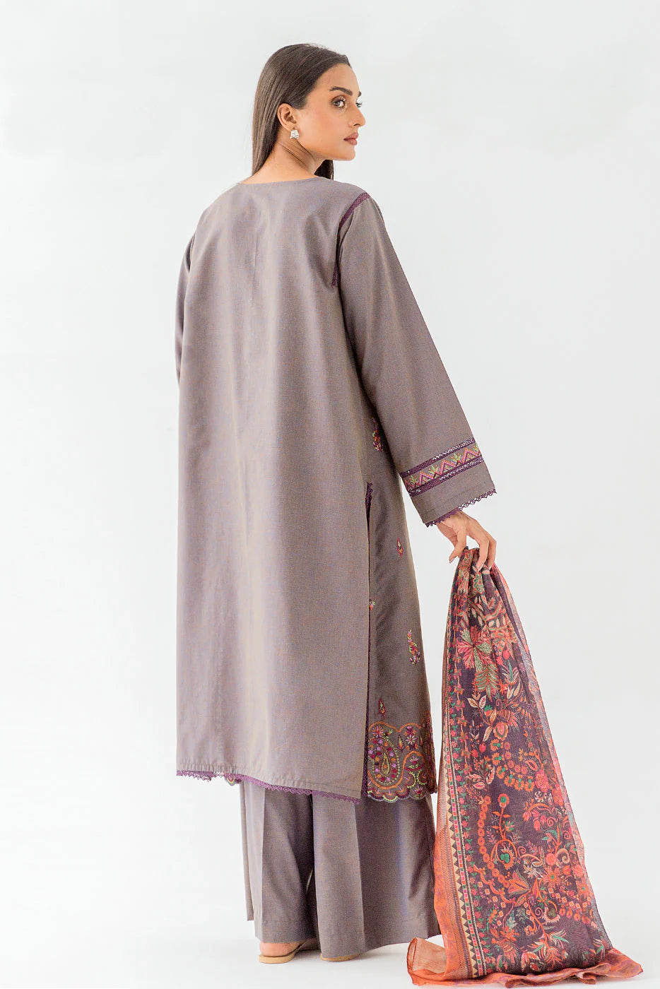 3 PIECE - EMBROIDERED TWO TONE SUIT - DUSTY FIELD (UNSTITCHED)