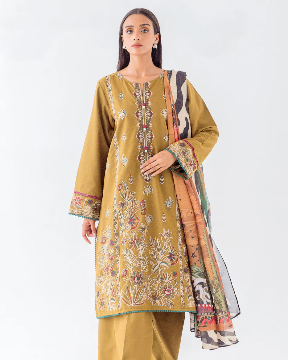 3 PIECE - EMBROIDERED TWO TONE SUIT - GREEN ENVY (UNSTITCHED)