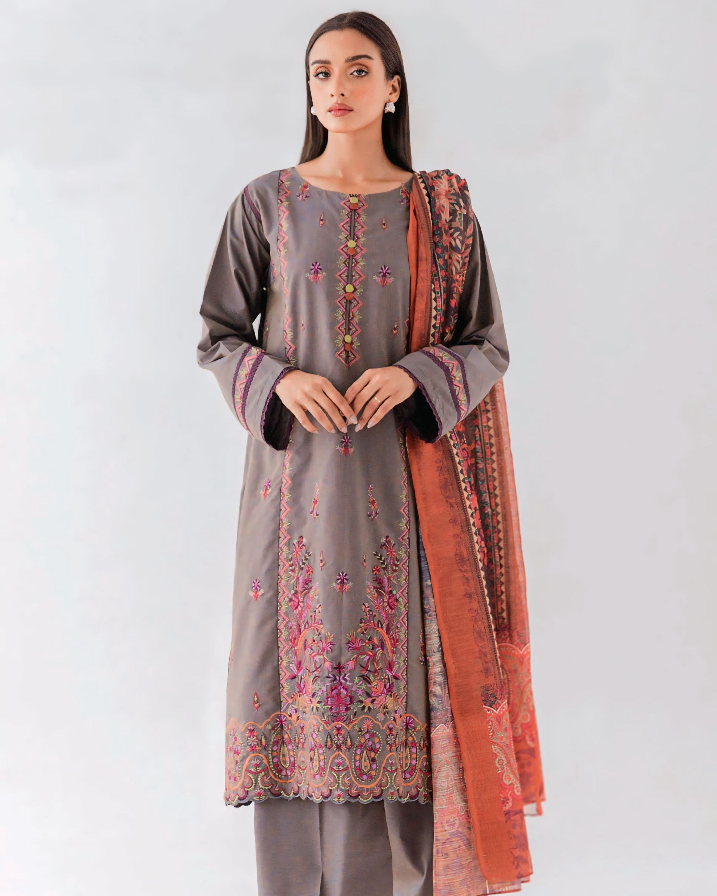 3 PIECE - EMBROIDERED TWO TONE SUIT - DUSTY FIELD (UNSTITCHED)