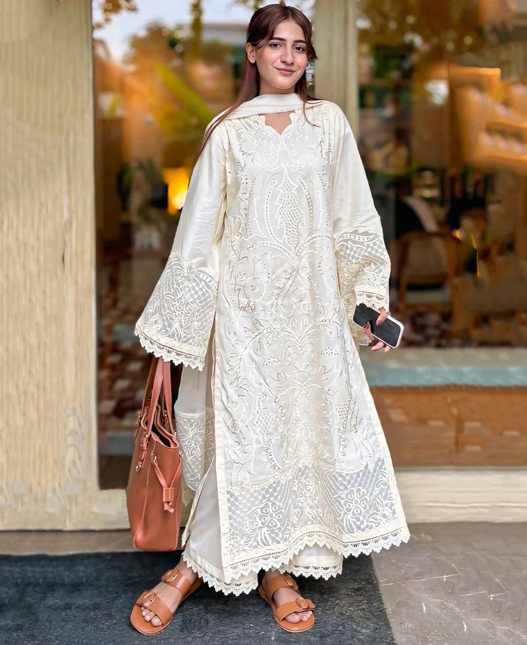 3 pcs Cambric Embroidered Dress - Butter Beige