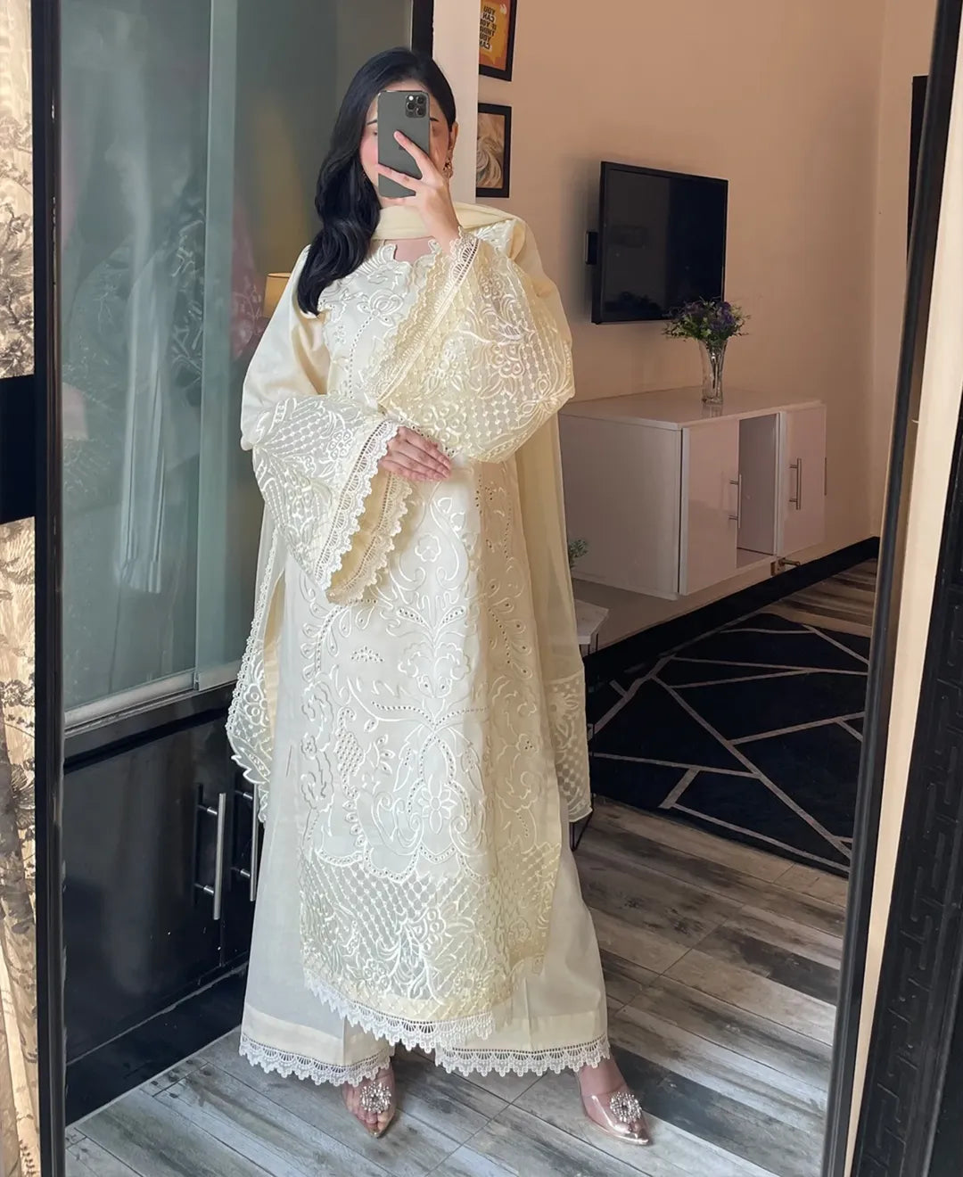 3 pcs Cambric Embroidered Dress - Butter Beige